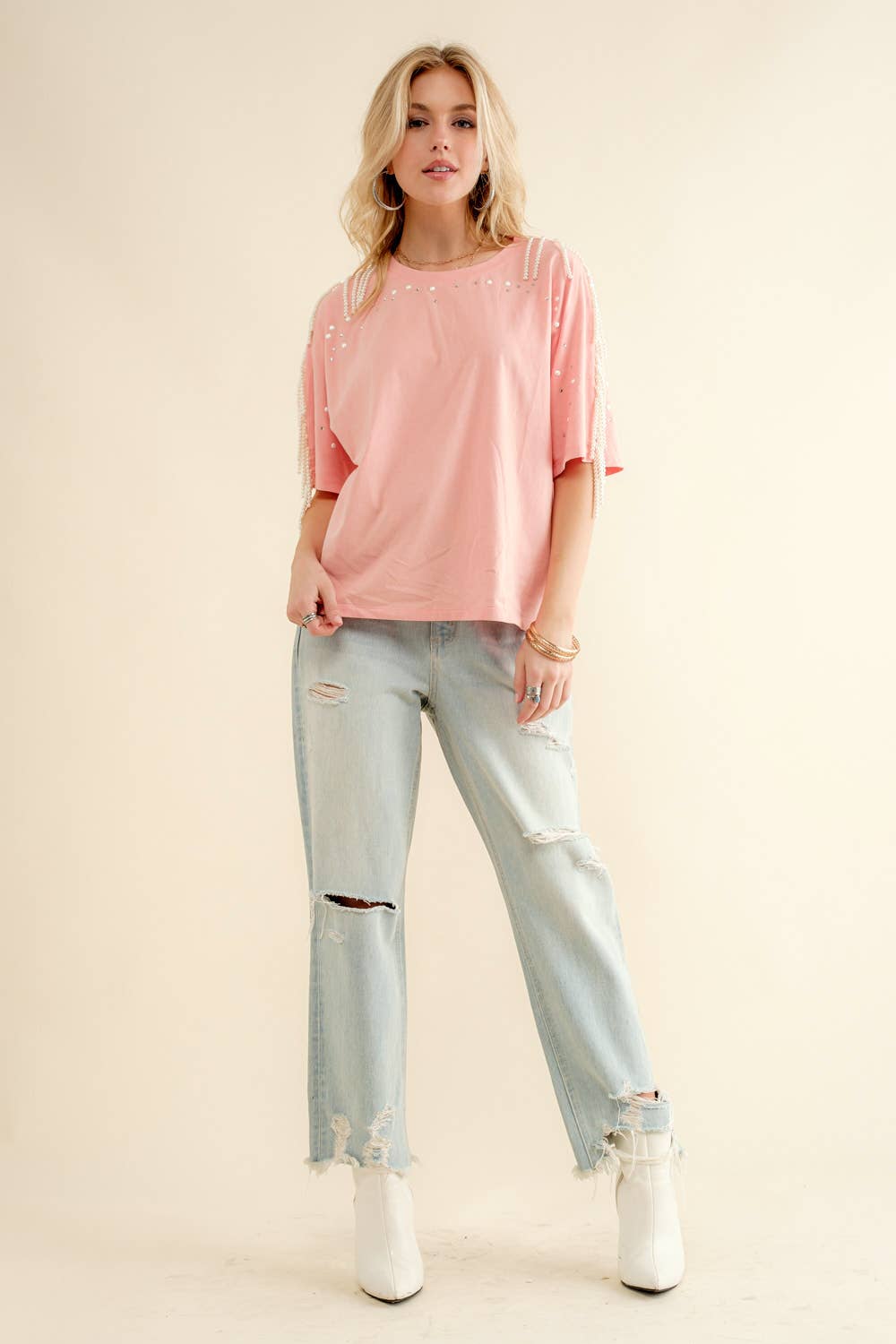 Pearl Fringe Shoulder T Shirt