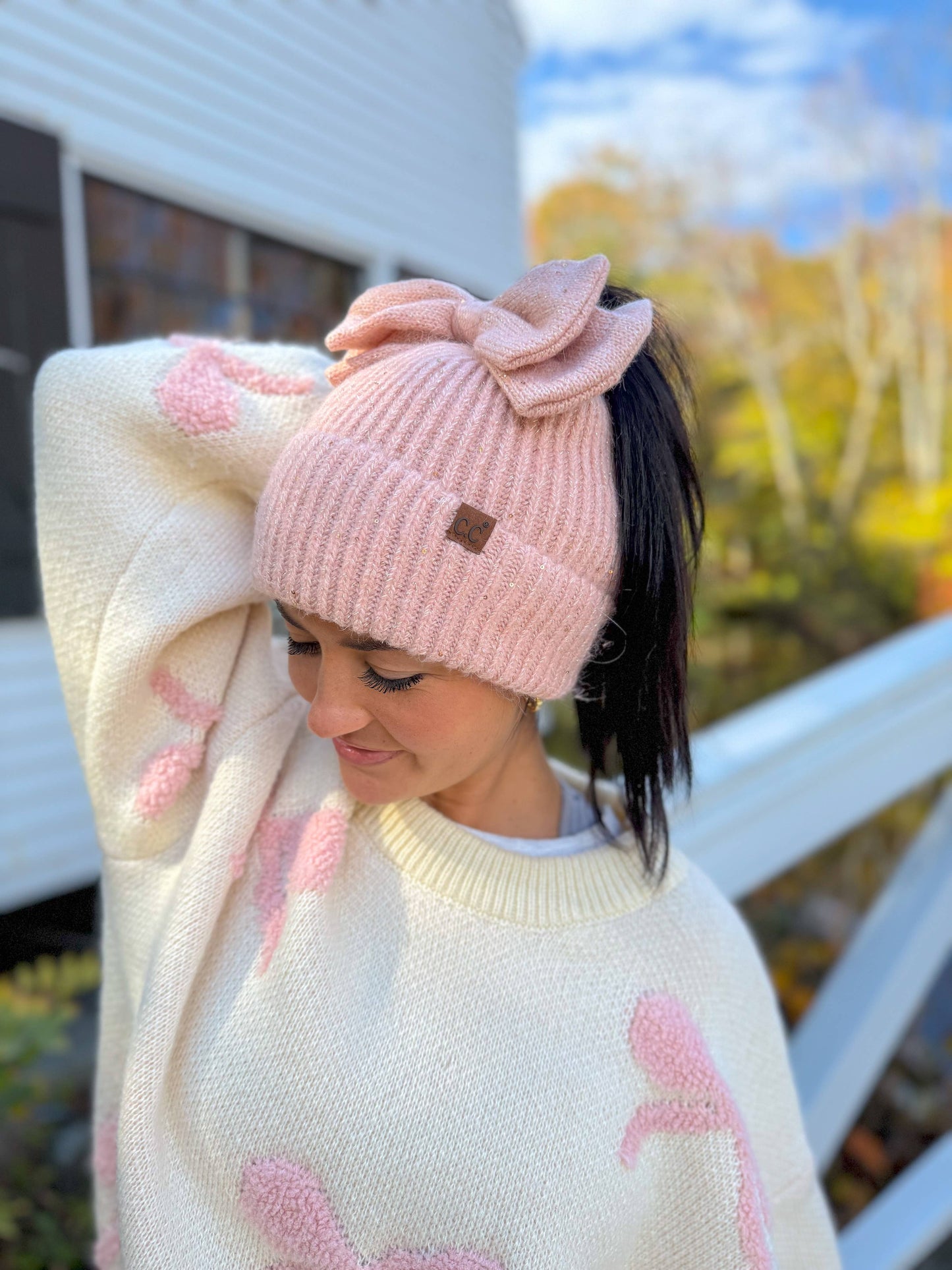 Sequin Bow Messy Bun C.C Beanie: White