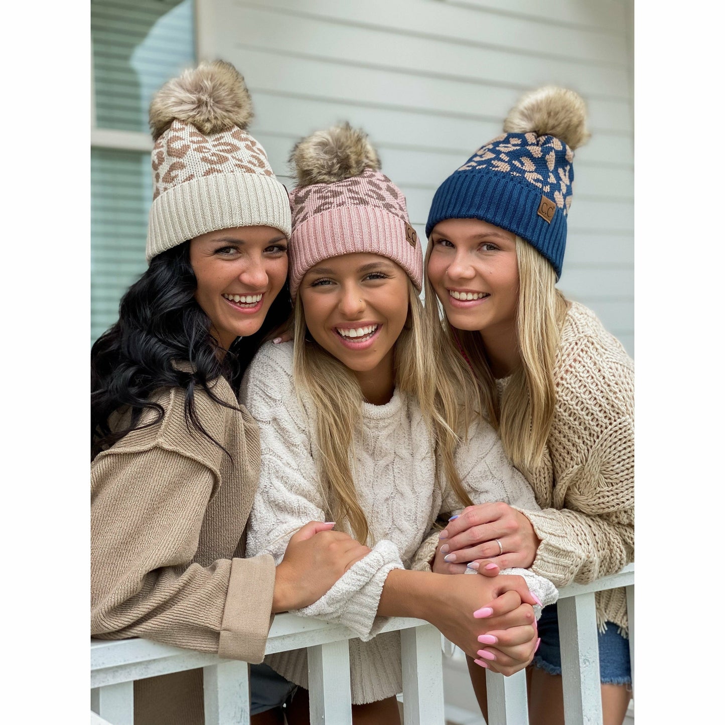 Leopard Pattern Fur Pom Beanie: Beige