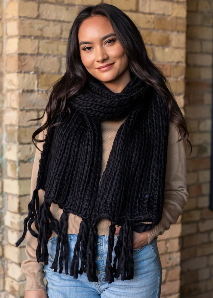 Black Long Scarf With Fringe