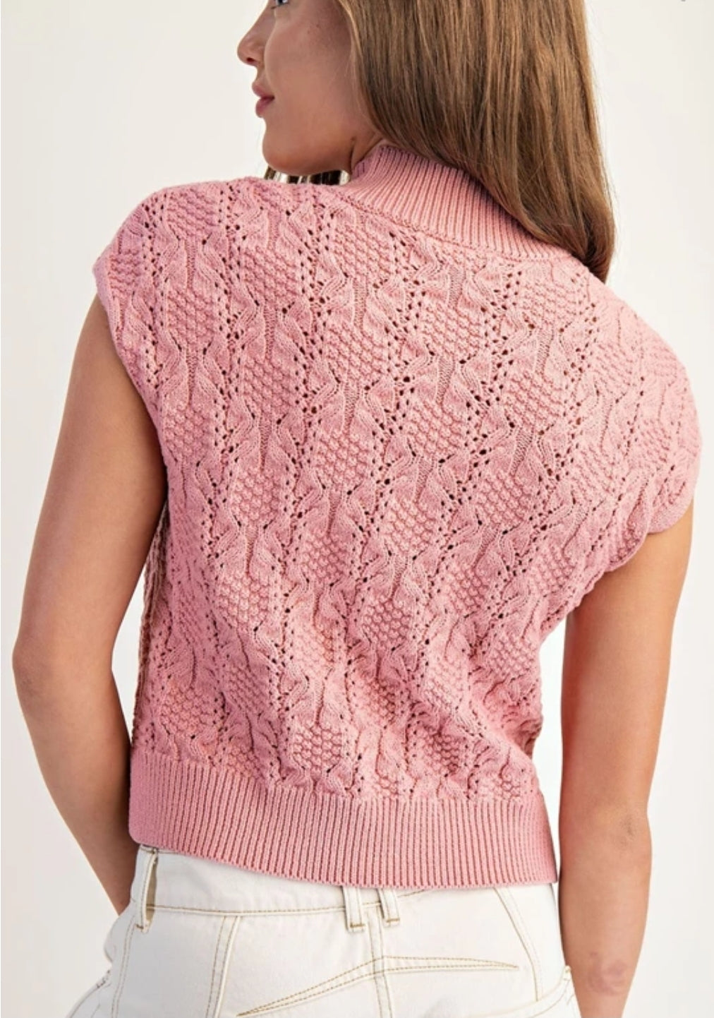 Rose Pink Cable Knit Mock Neck Sweater