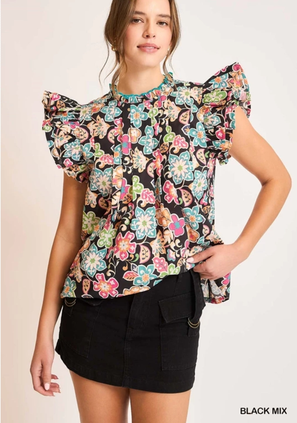 Black Mix Floral Ruffle Sleeve Blouse