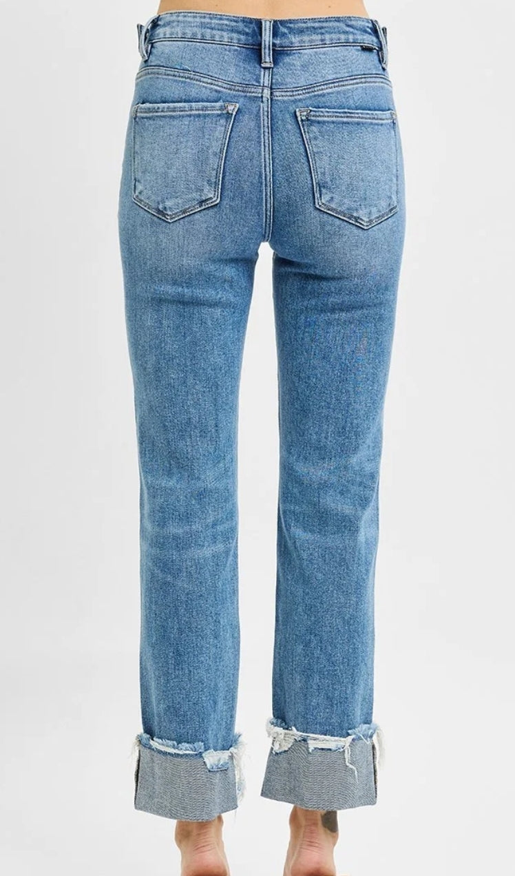 Risen Jeans Tummy Control High Rise Crop Straight Cuffed Jeans