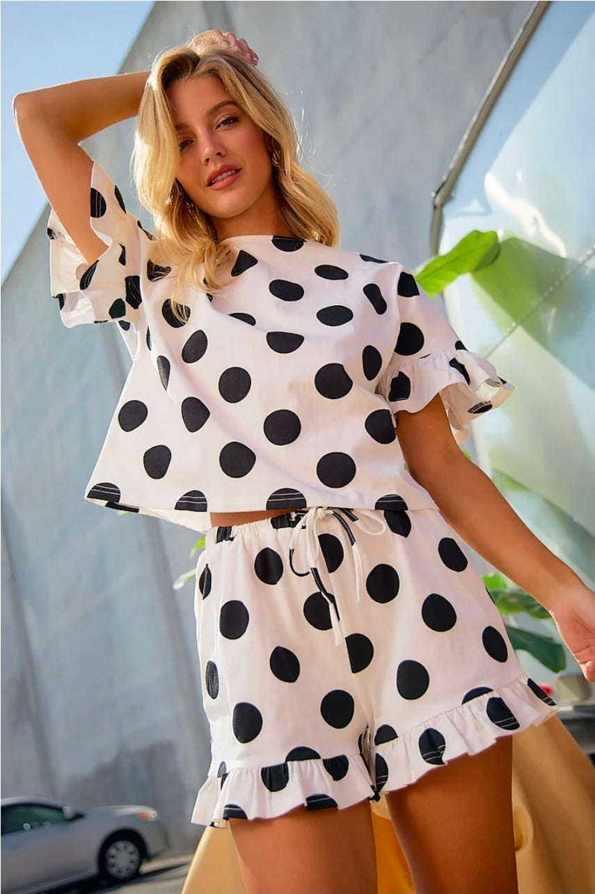Ivory Black POLKA DOTS PRINTED RUFFLED DETAIL TOP AND SHORTS SET