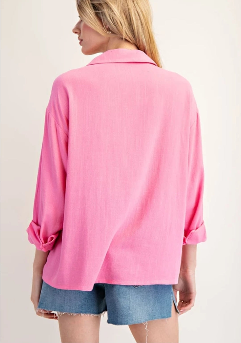 Bubble Pink Solid Long Sleeve Button Down Top