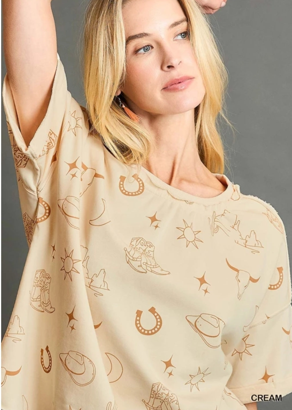 Cream Boxy Cut Round Neck French Terry Top