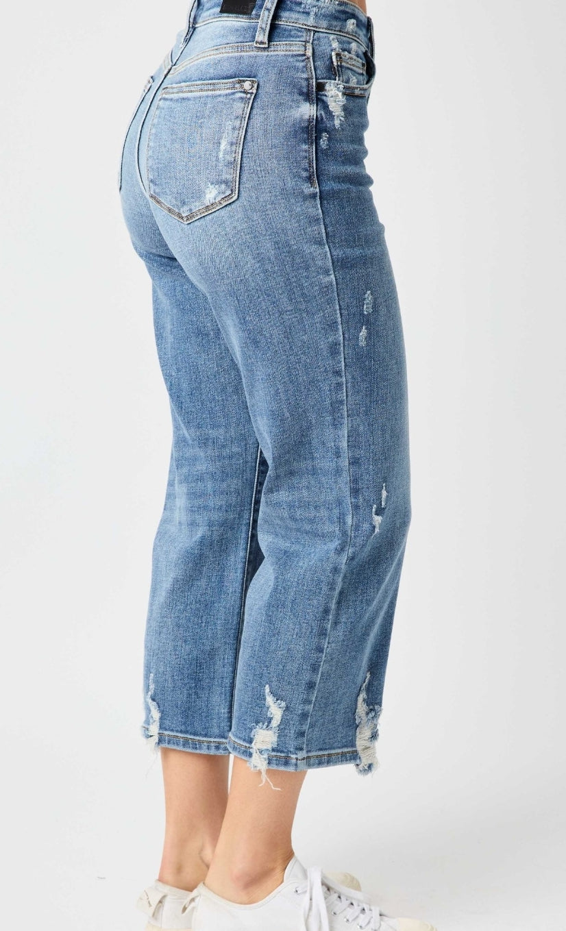Judy Blue Button Fly Wide Leg Crop with Destroy Plus Mira