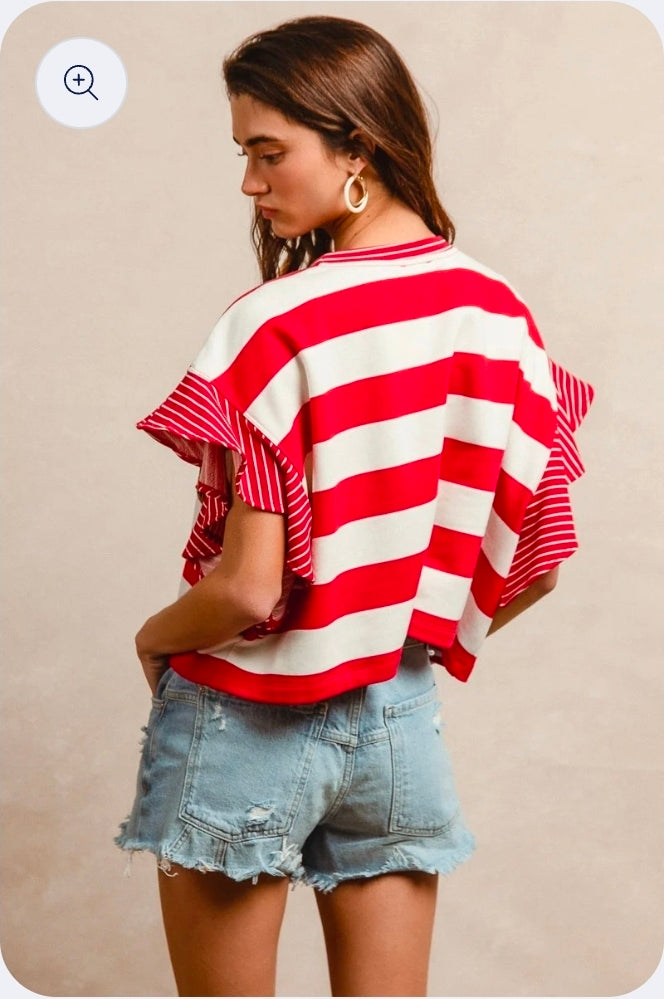 Stripe Mixed Ruffle Sleeve Top With Leopard Letter