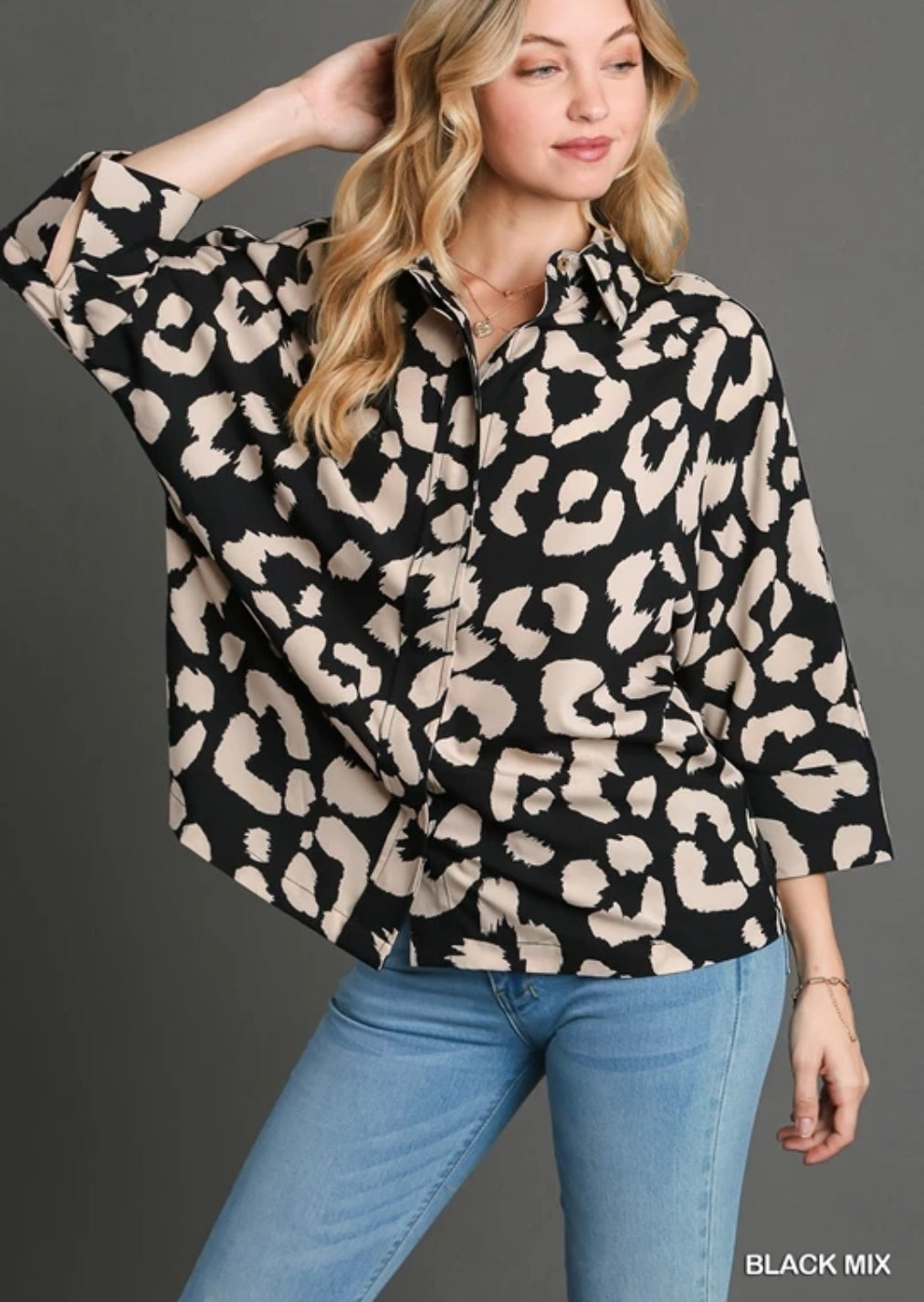 Black Mix Two-Tone Leopard Printed Collared Button Down Shirt