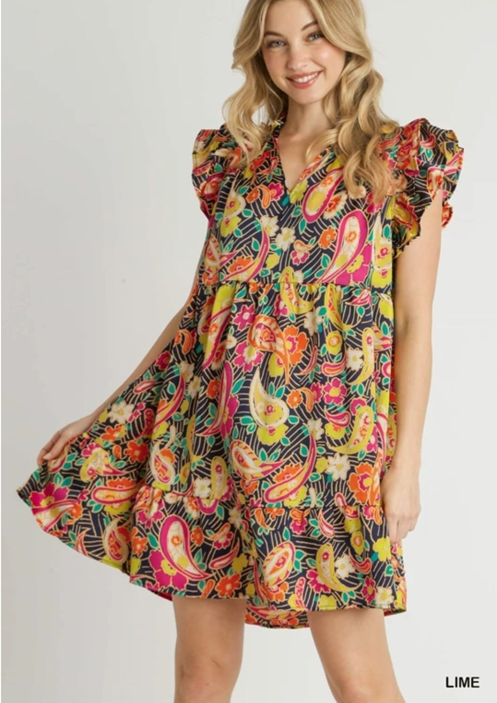 Green Ruffle V-Neck Paisley Print A-Line Dress with Flutter Sleeves
