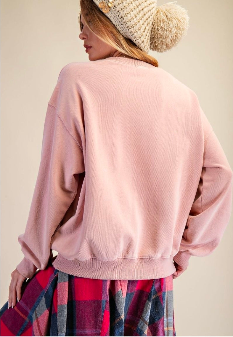 HEART FUR DETAILING WASHED TERRY PULLOVER