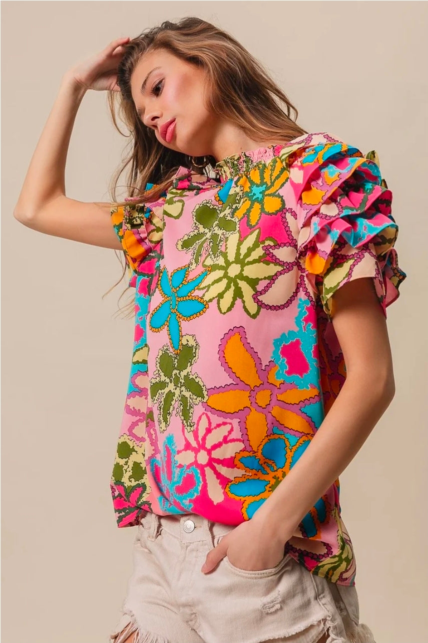 FLORAL PATTERN LAYER RUFFLE TOP
