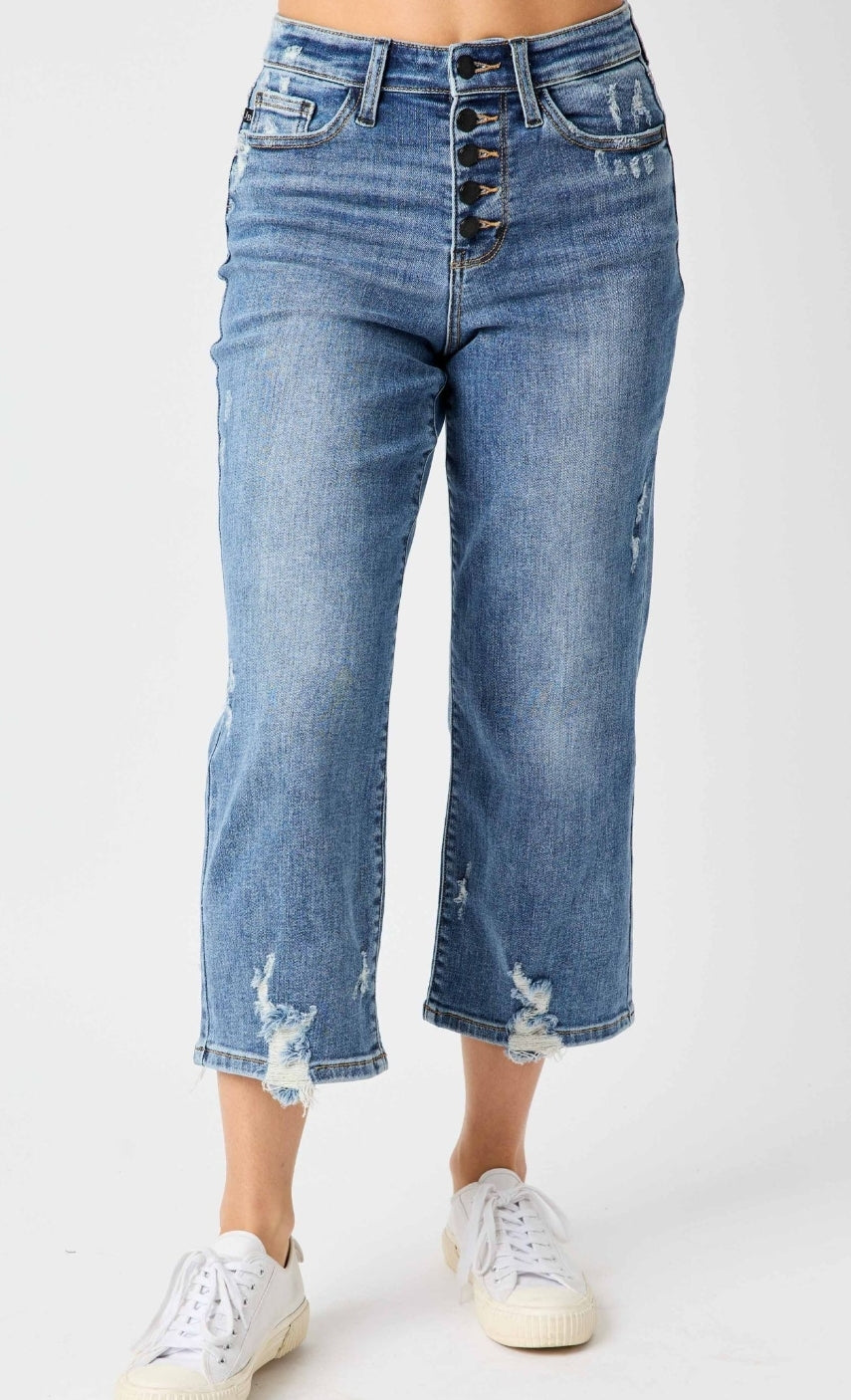 Judy Blue Button Fly Wide Leg Crop with Destroy Plus Mira