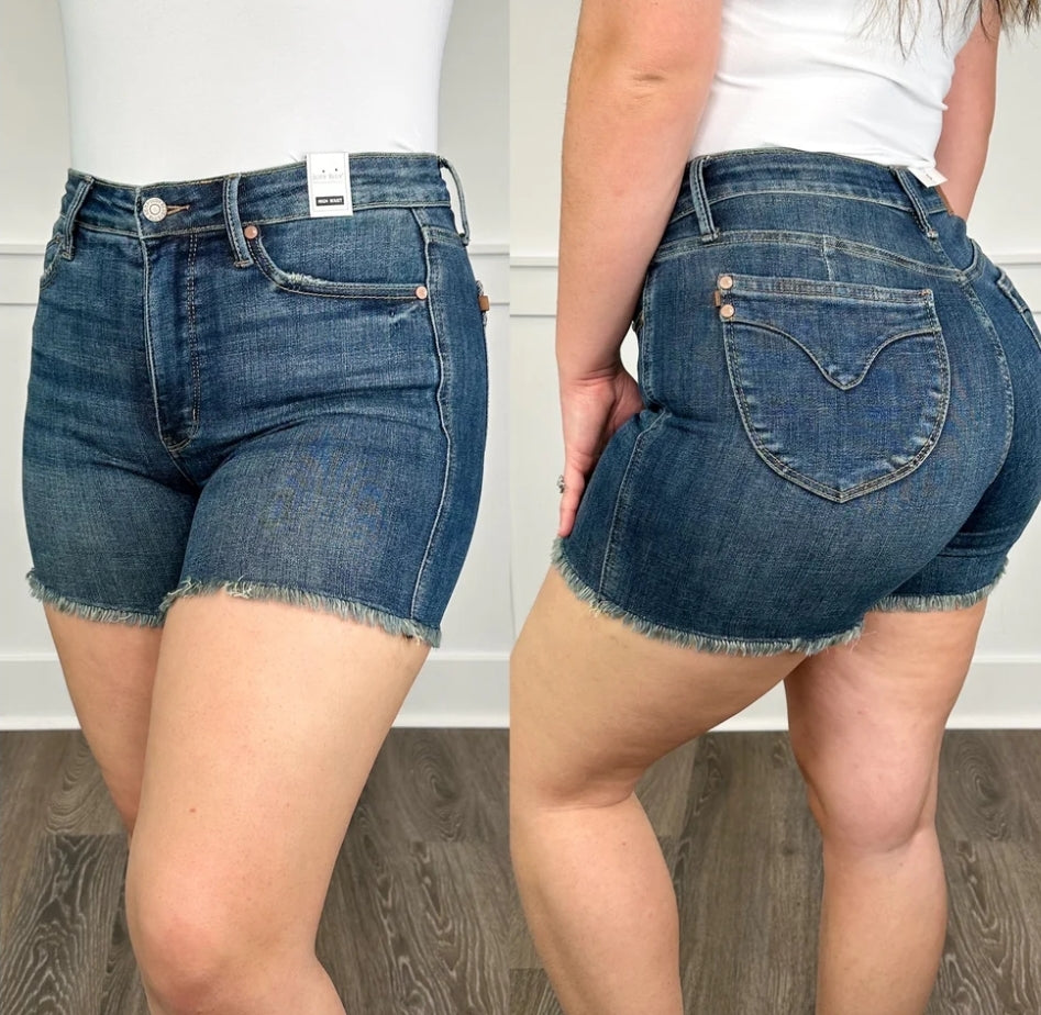 Judy Blue Tummy Control High Rise Fray Hem Dark Wash Shorts