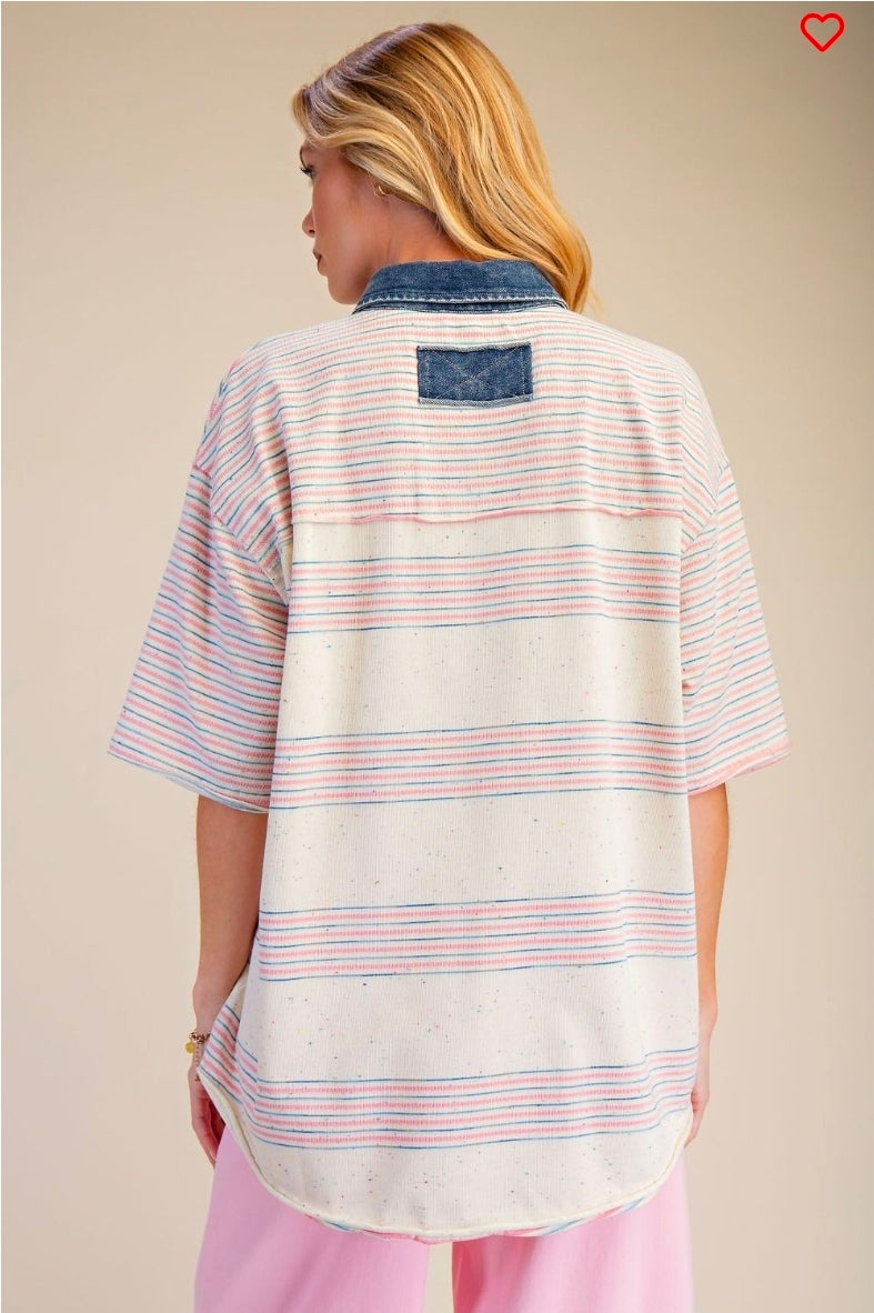STRIPED MELANGIE KNIT BUTTON FRONT SHIRT TOP