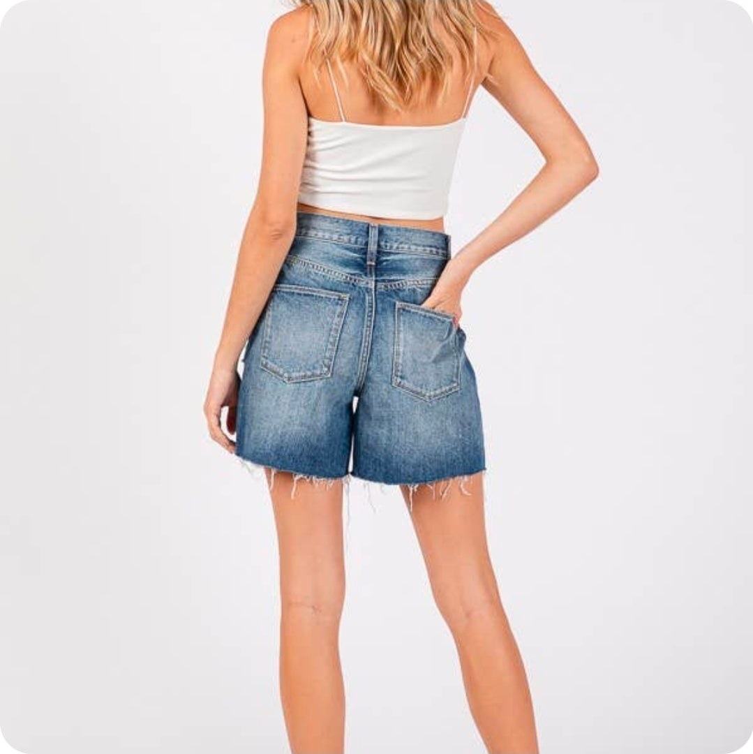 Petra HIGH RISE RIGID RELAXED MIDI SHORT W/ FRAYED HEM