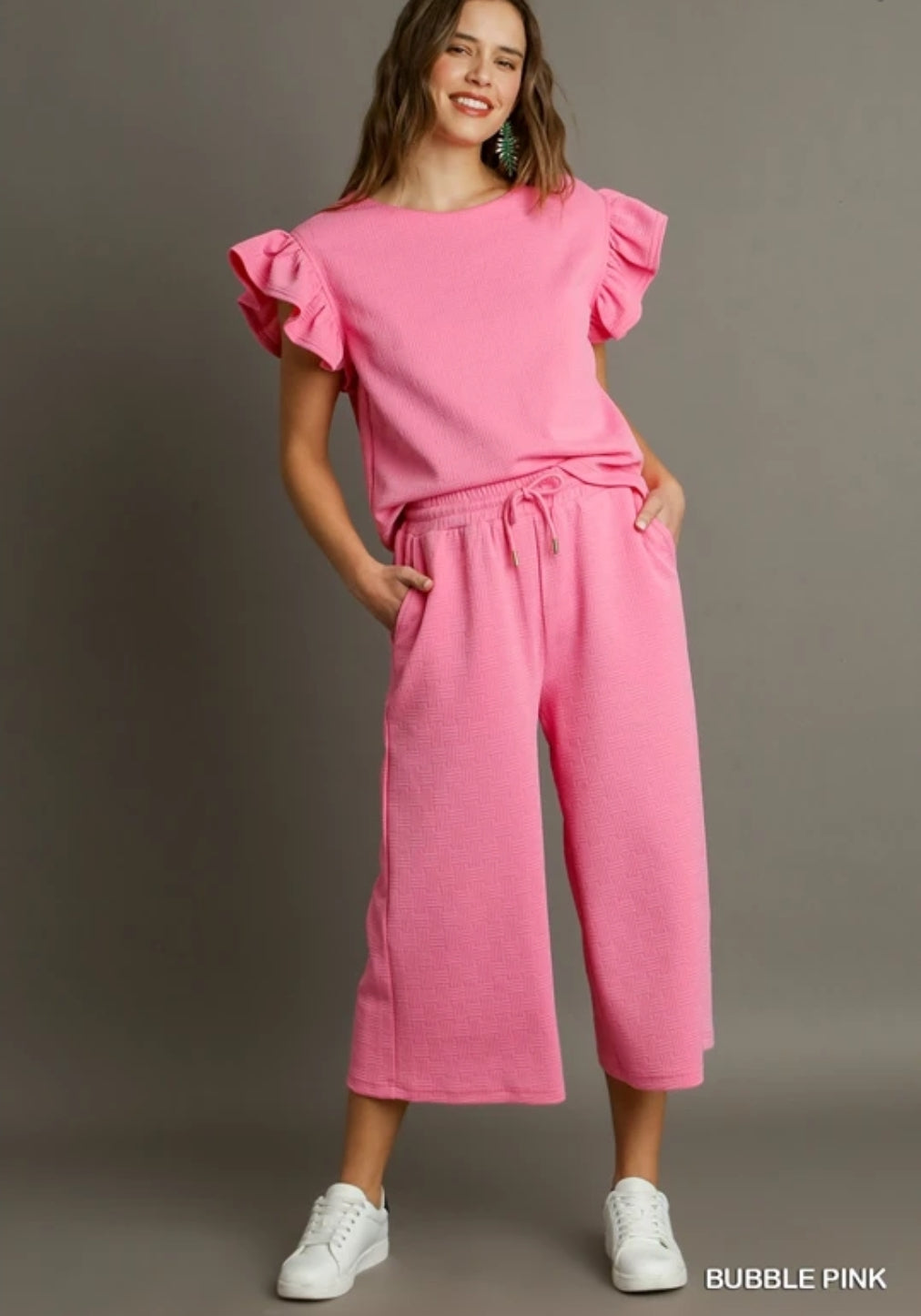 Bubble Pink Criss Cross Jacquard Wide Leg Set