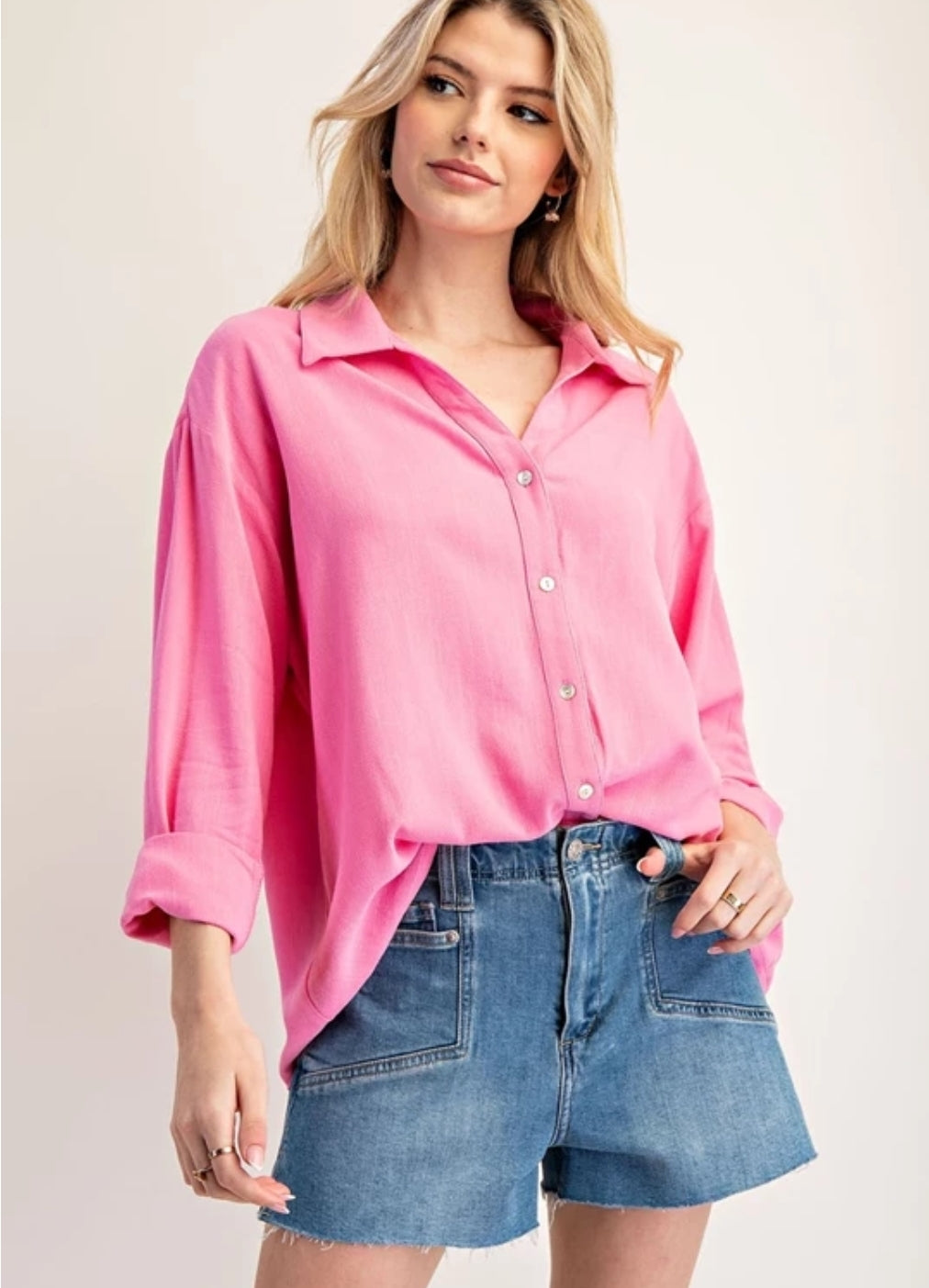 Bubble Pink Solid Long Sleeve Button Down Top