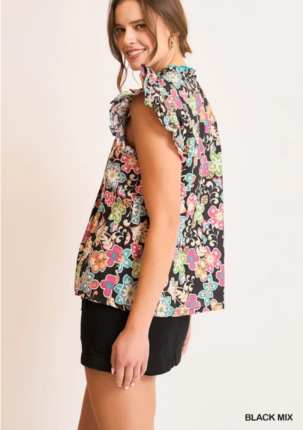 Black Mix Floral Ruffle Sleeve Blouse