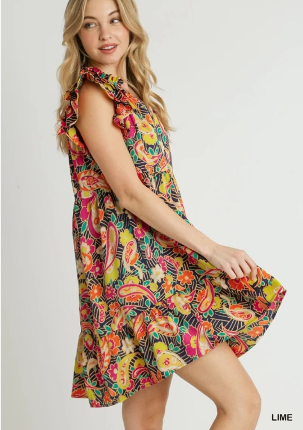 Green Ruffle V-Neck Paisley Print A-Line Dress with Flutter Sleeves