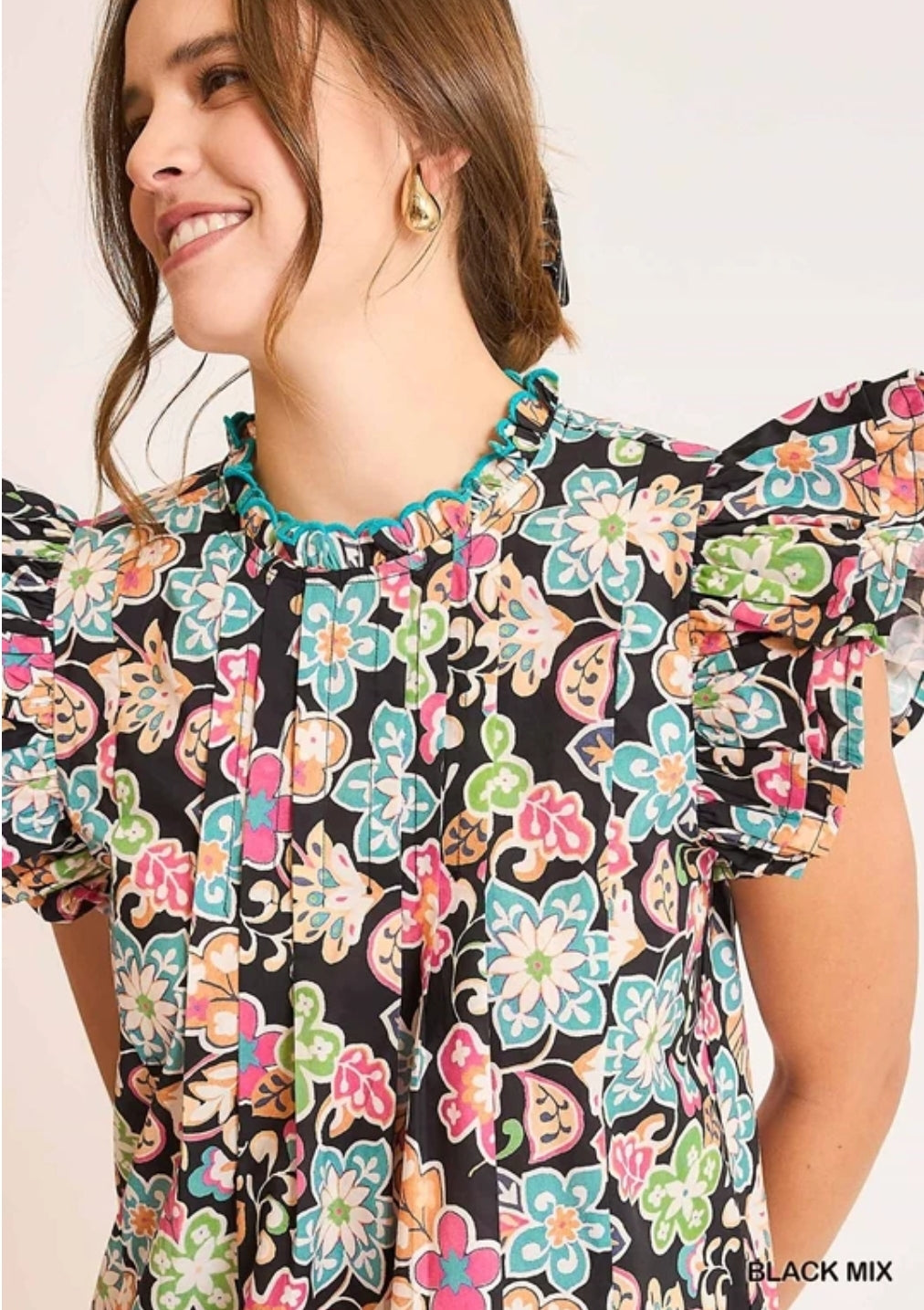 Black Mix Floral Ruffle Sleeve Blouse