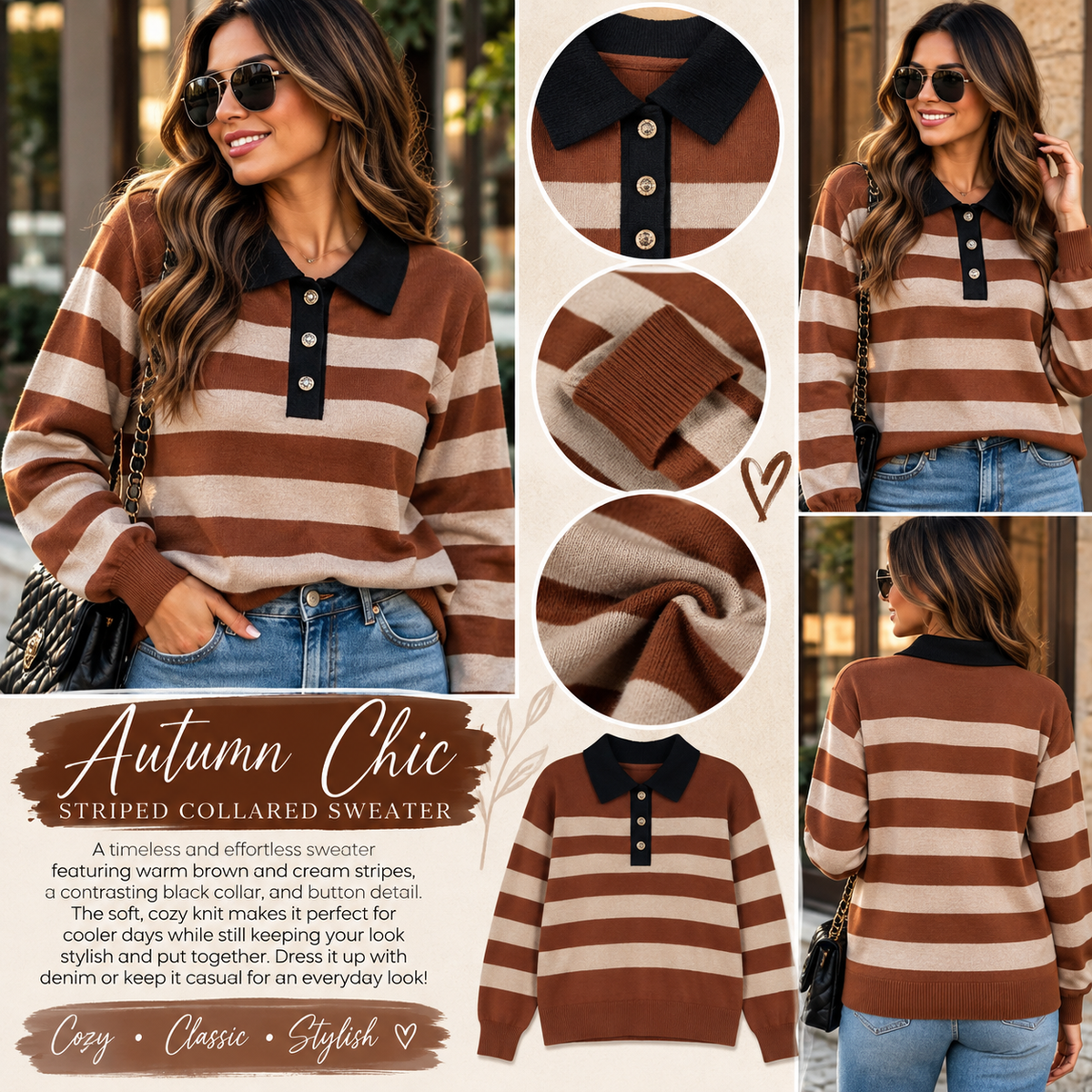 🤎 Autumn Chic Striped Collared Sweater