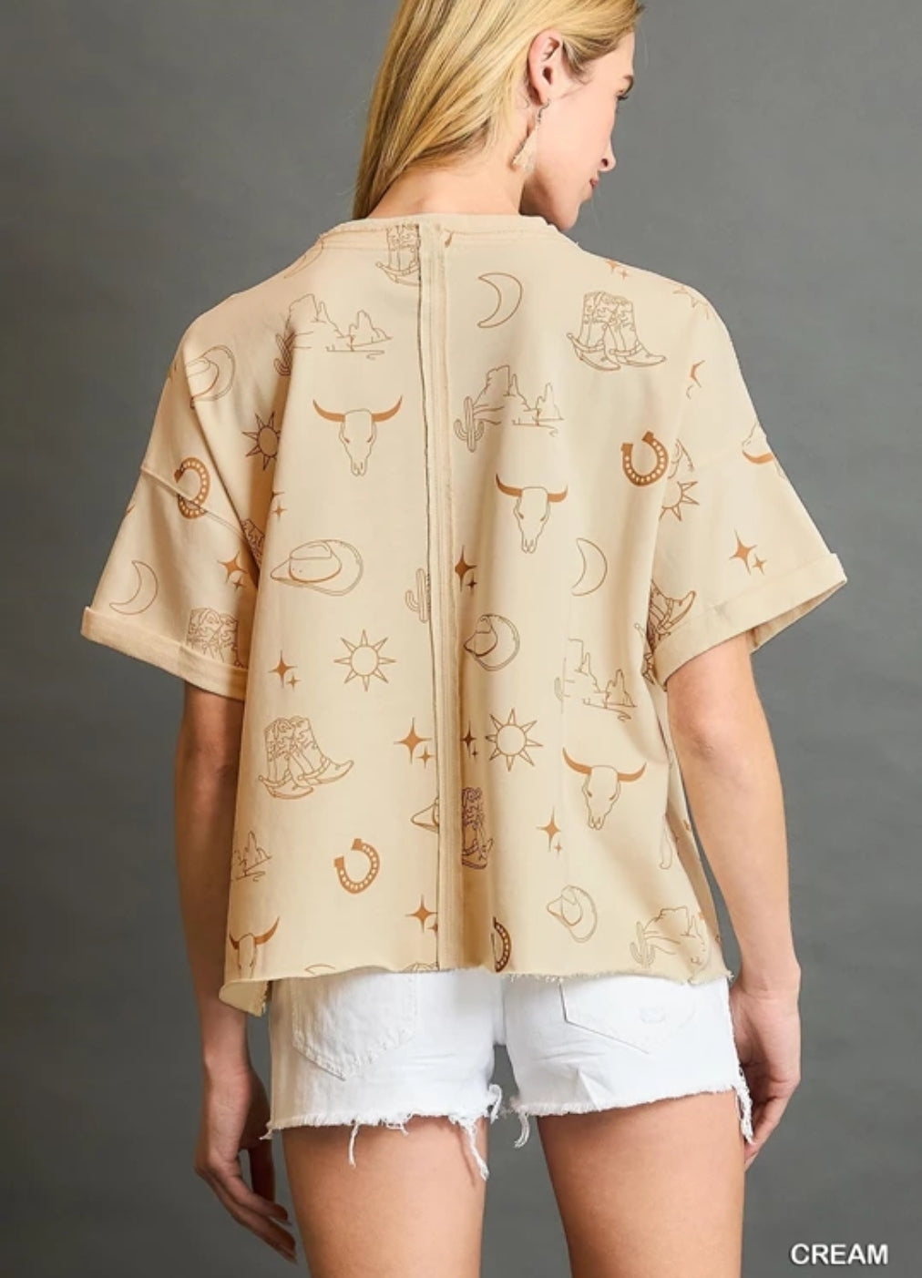 Cream Boxy Cut Round Neck French Terry Top
