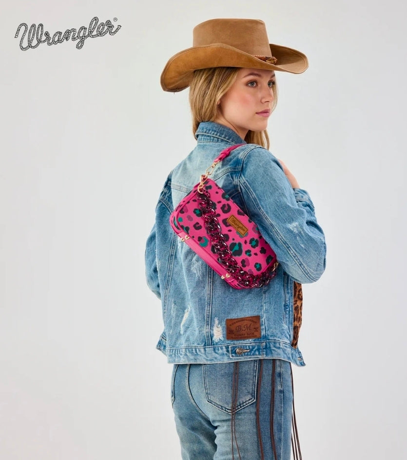 Wrangler Leopard Print Canvas Shoulder Bag with Chain Strap - Hot Pink