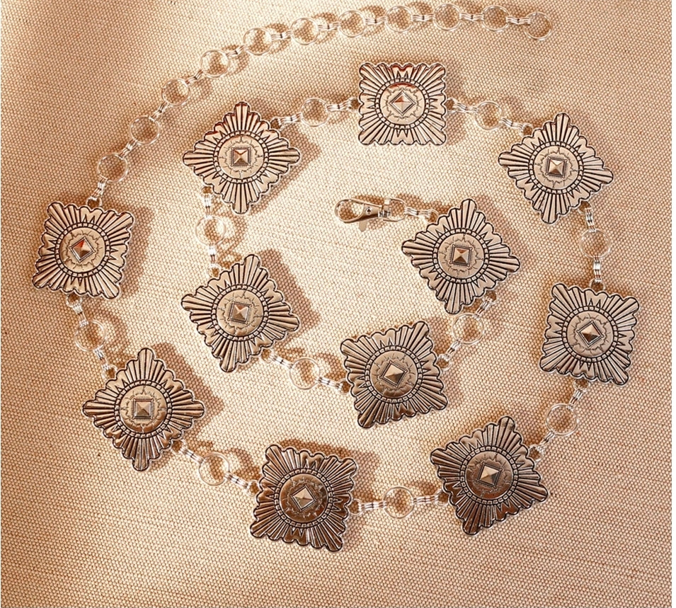 Silver Rustic Couture Etched Square Concho Link Chain Belt