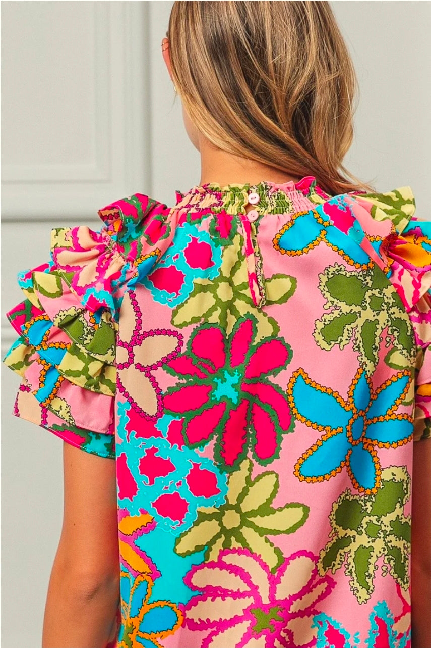 FLORAL PATTERN LAYER RUFFLE TOP