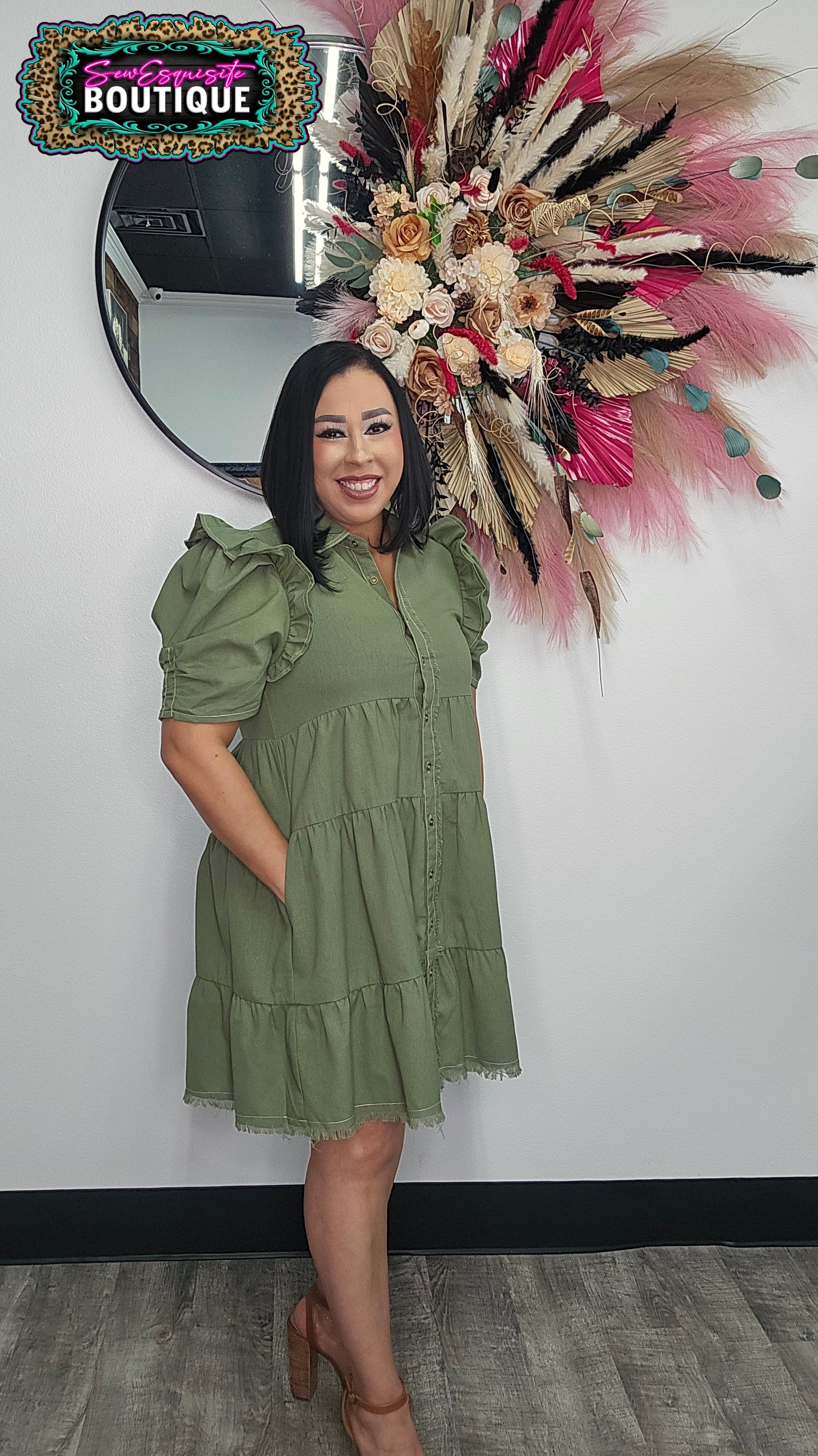 Olive Linen Button Up Shirt Dress