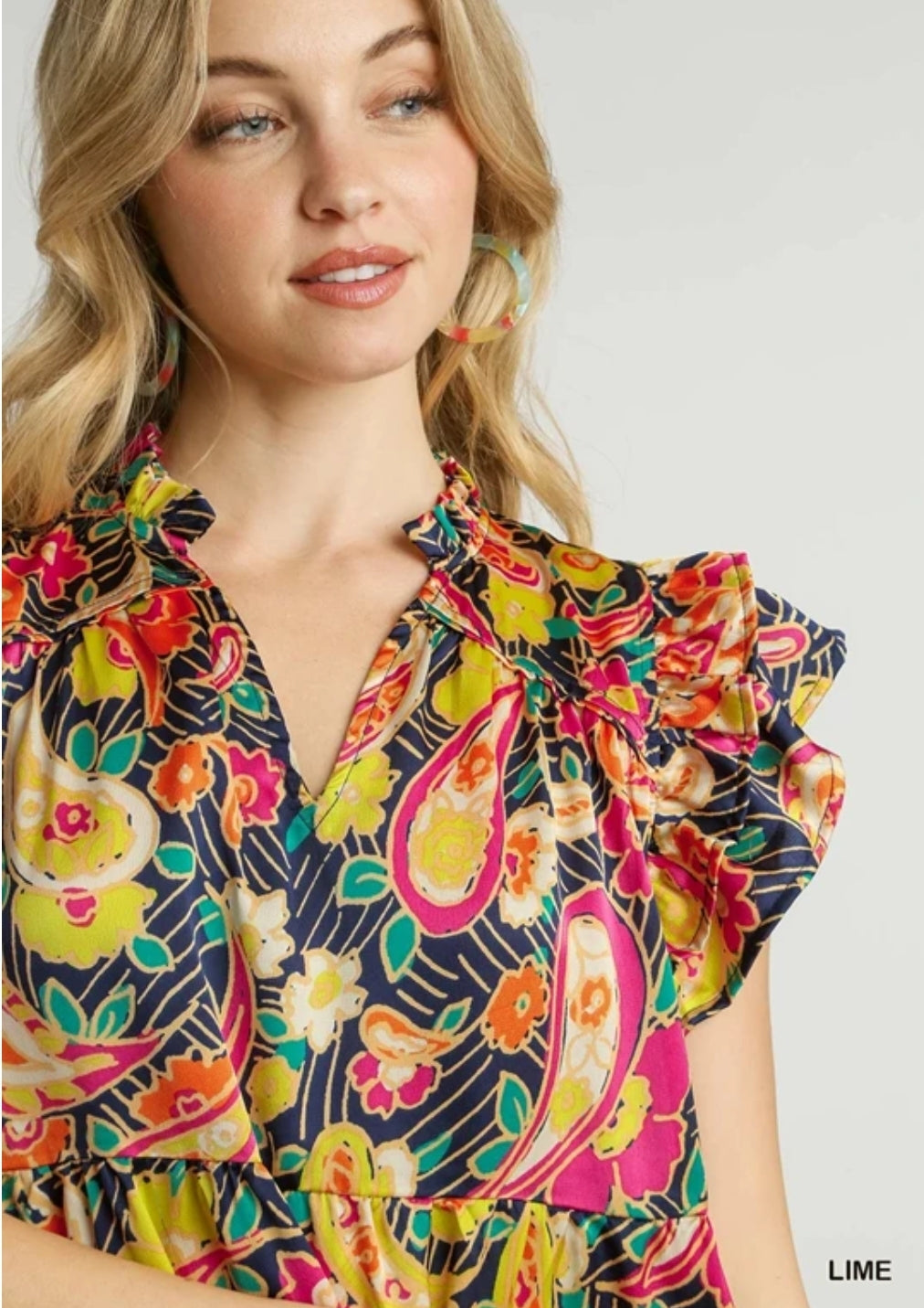 Green Ruffle V-Neck Paisley Print A-Line Dress with Flutter Sleeves
