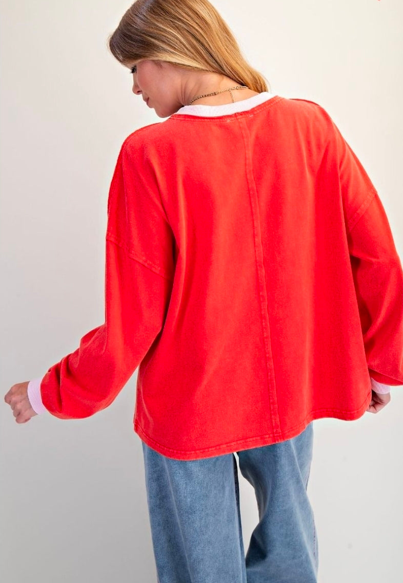 HEART PRINTED WASHED PULLOVER