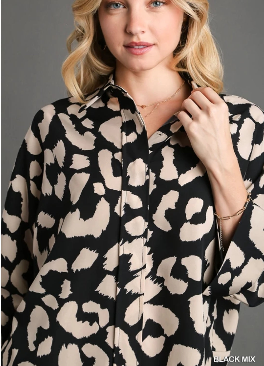 Black Mix Two-Tone Leopard Printed Collared Button Down Shirt