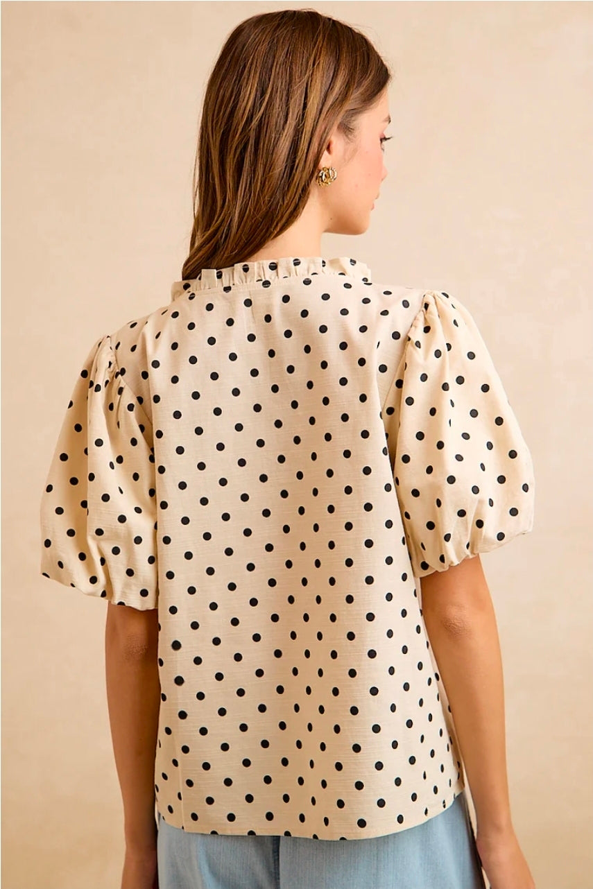 LINEN BLEND POLKA DOT PRINT BUBBLE SLEEVE BLOUSE TOP