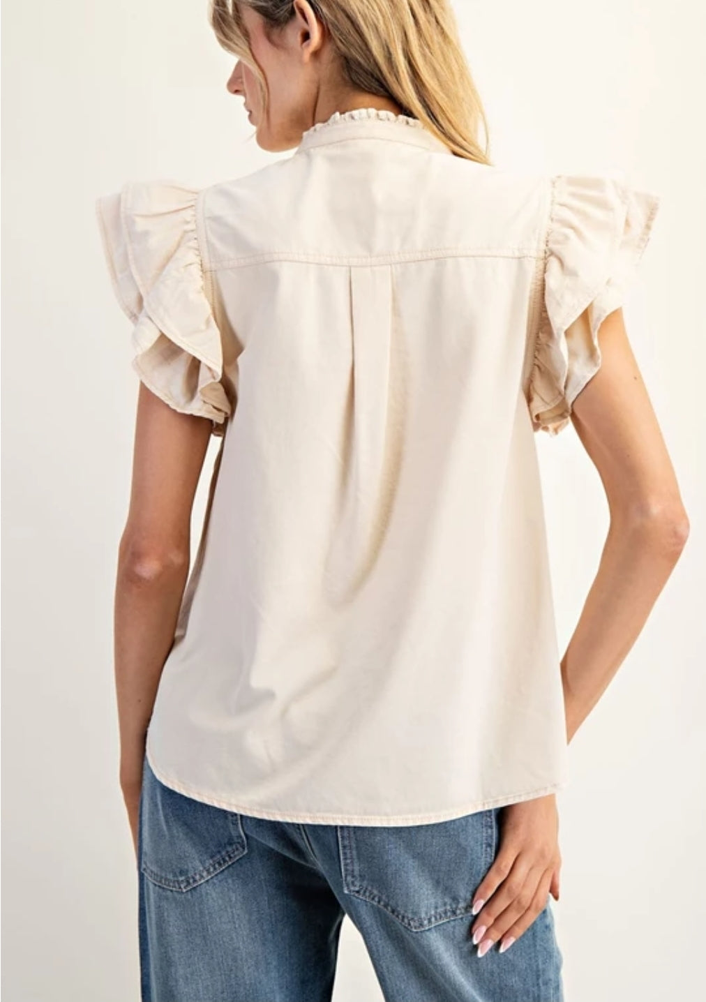Washed Ruffle Trim Flutter Sleeve Blouse Bone