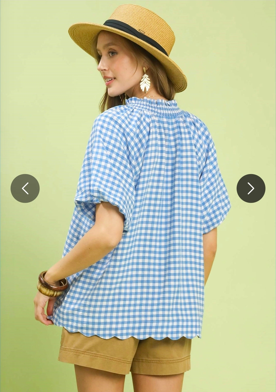 Gingham Bubble Sleeve V-Neck Top w/ Scallop Hem Blue