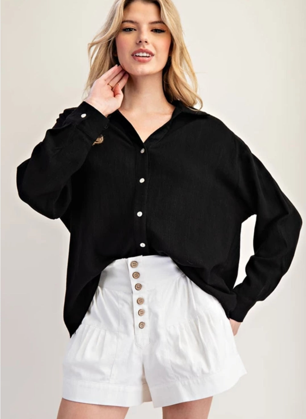 Black Solid Long Sleeve Button Down