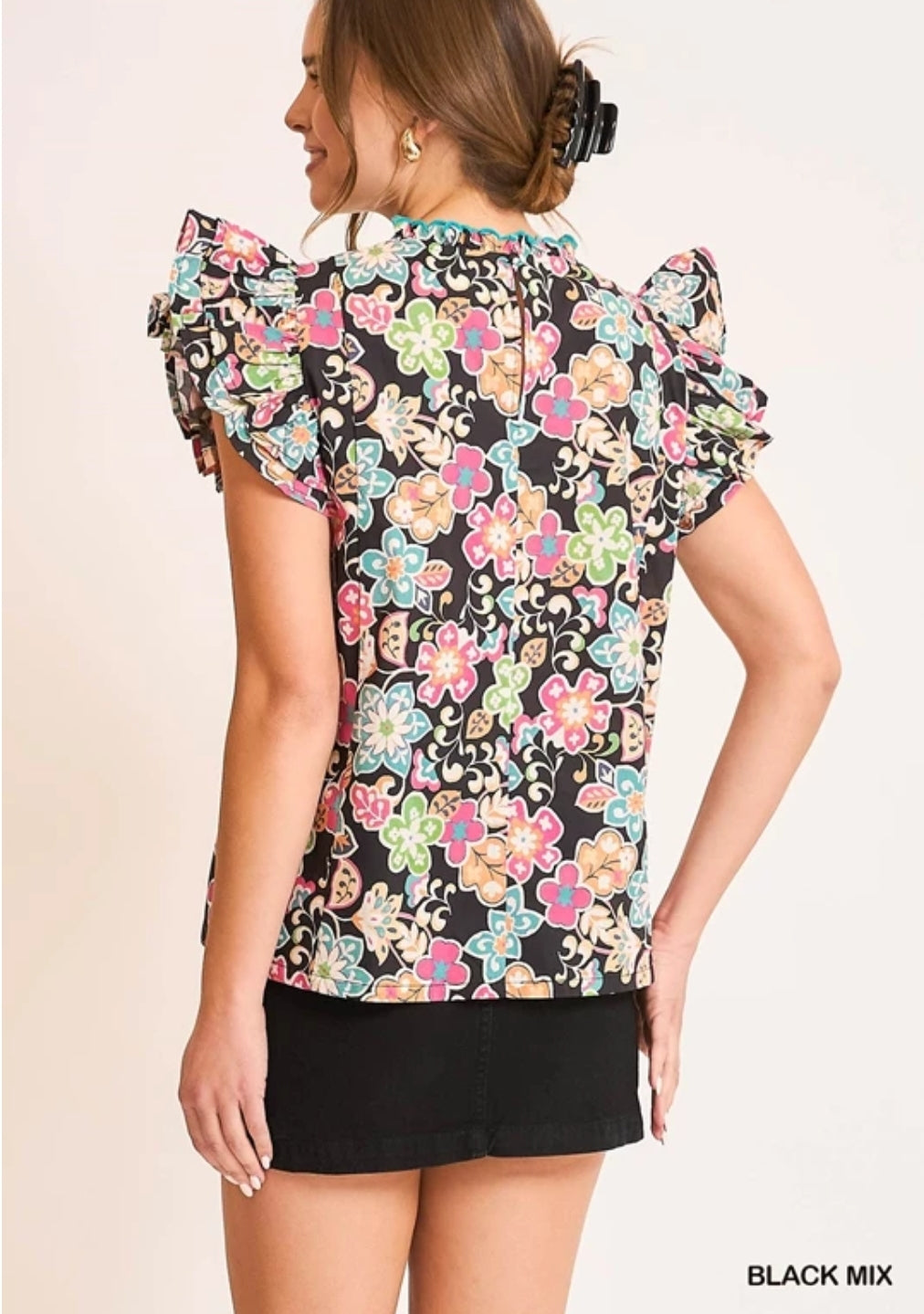 Black Mix Floral Ruffle Sleeve Blouse
