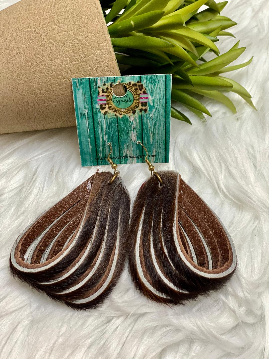 Brown Hair Hide Leather Loop Earrings