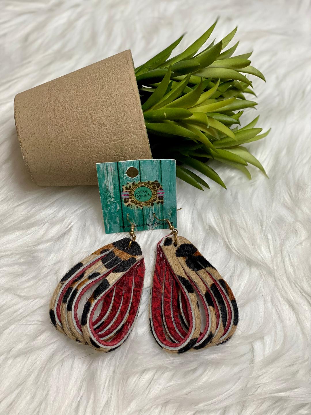 Cheetah/Red Damask Leather Loop Earrings