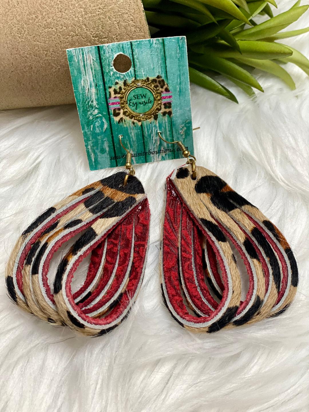 Cheetah/Red Damask Leather Loop Earrings