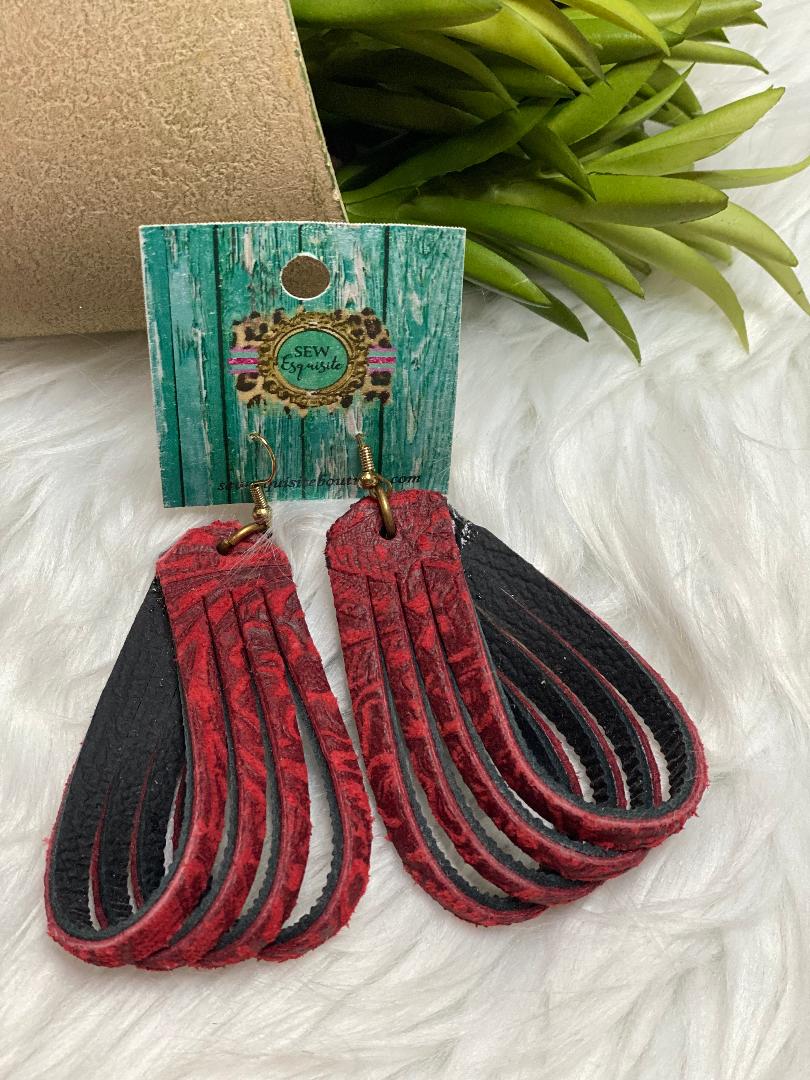 Red Damask Leather Loop Earrings