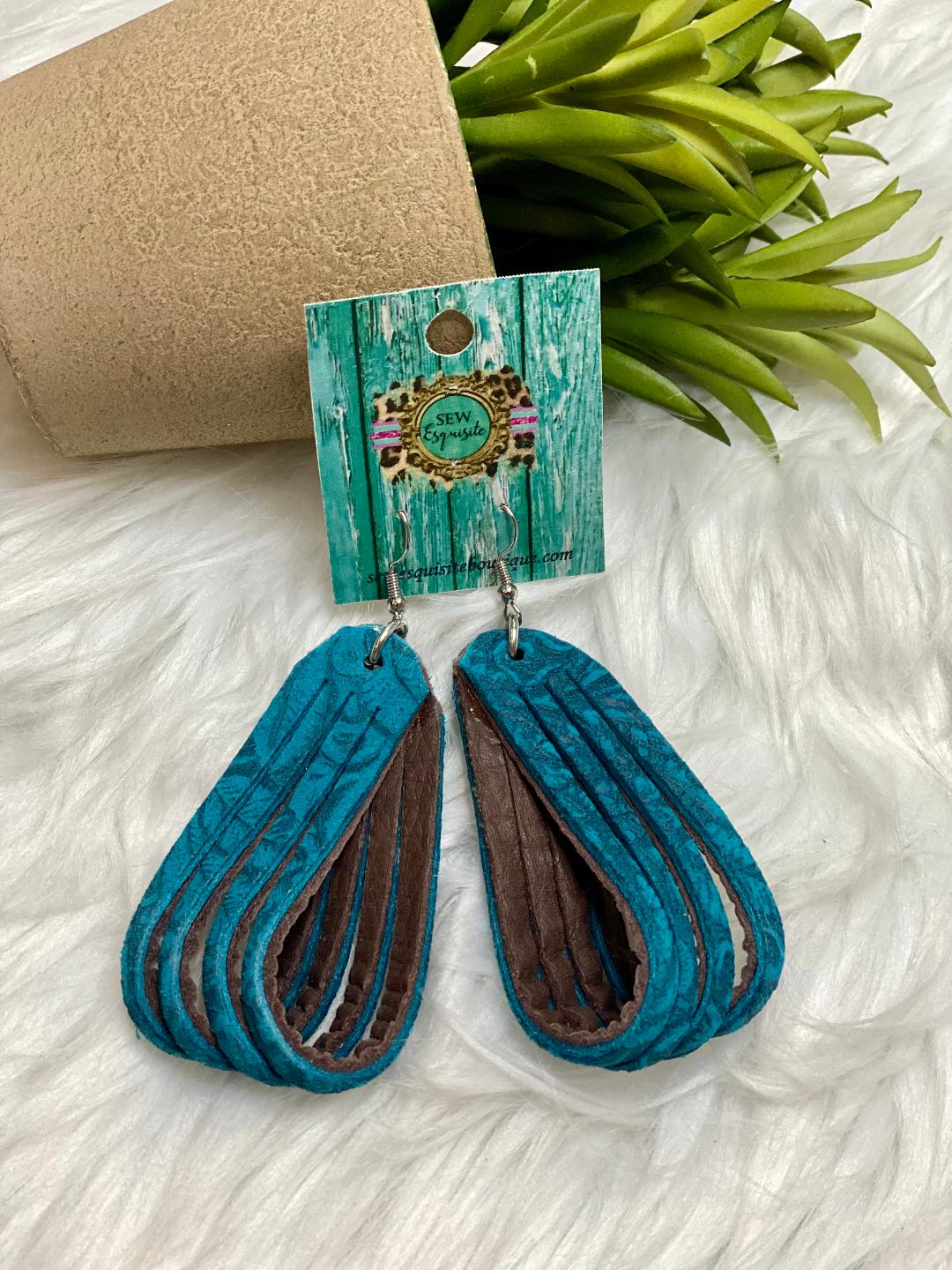 Turquoise Damask Leather Loop Earrings