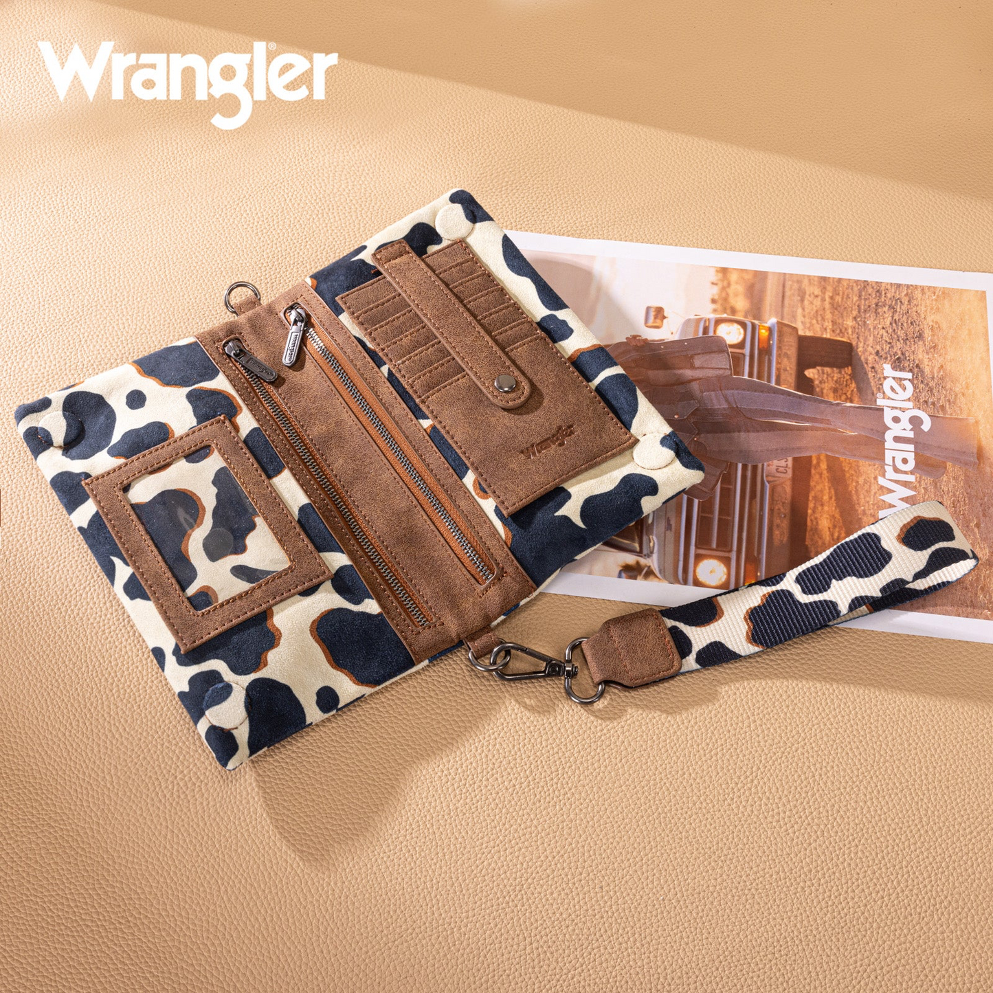 Wrangler Cow Print Wallet/Wristlet/Crossbody - BROWN