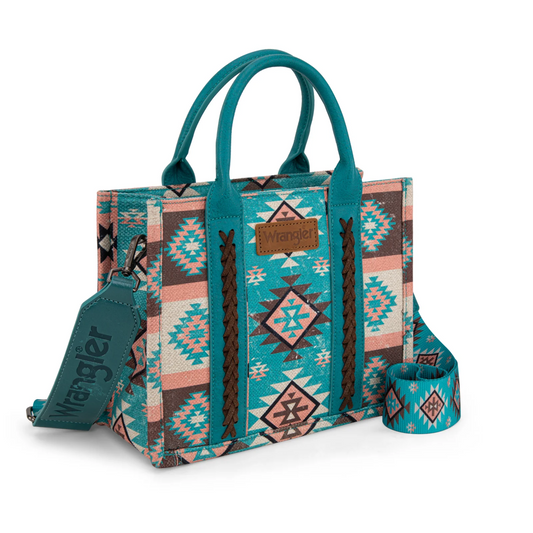 Wrangler Aztec Pattern Dual Sided Print -Tote/Crossbody - TURQUOISE