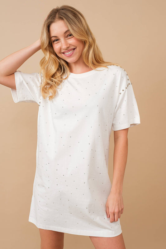 Cotton Jersey Studded Sprinkle Loose T Shirt Dress: WHITE