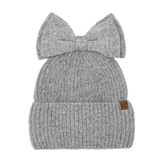 Sequin Bow Messy Bun C.C Beanie: Grey