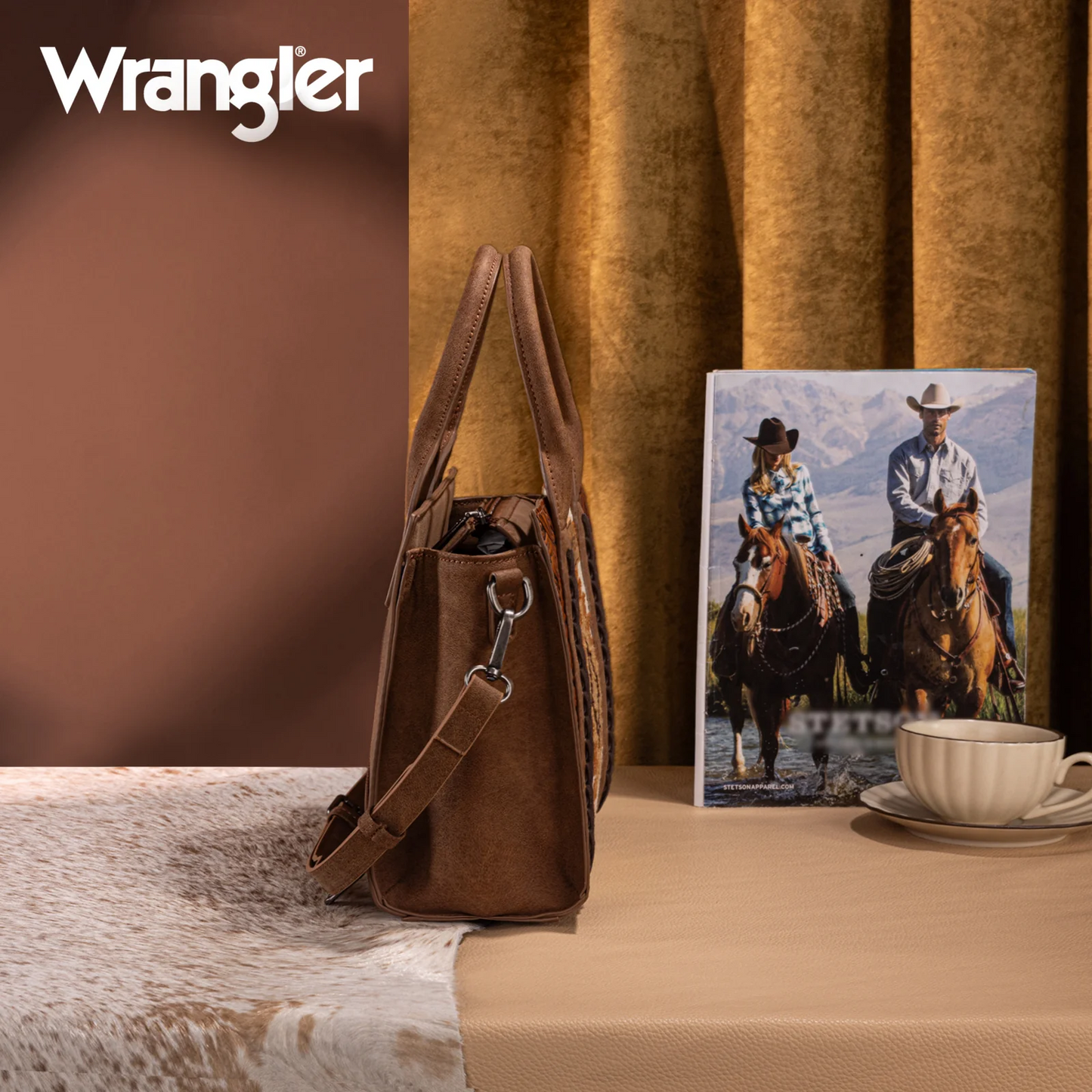 Wrangler Tooled Aztec Pattern Print Concealed Carry Tote/Crossbody - BROWN