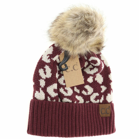 Leopard Pattern Fur Pom Beanie: Monaco